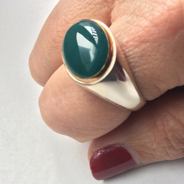Statement ring, Forest green agate ring, oval stone ring, Silver gold ring, bohemian ring, Boho chic ring, Twotone ring  - Summer Rain R2237