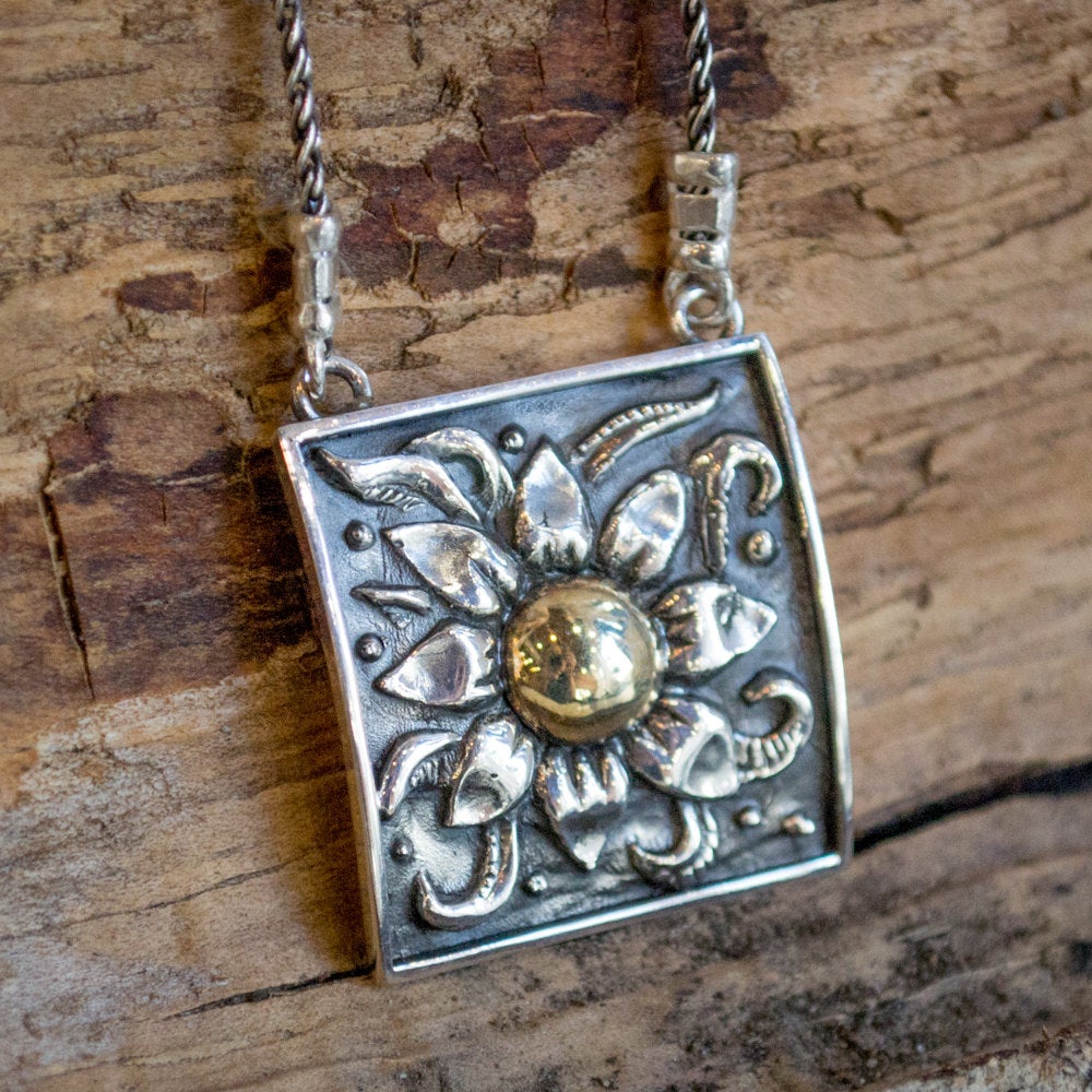 Sunflower pendant, Sterling silver necklace, yellow gold necklace, mixed metal necklace, square silver gold pendant  -  Sunflower N0427A
