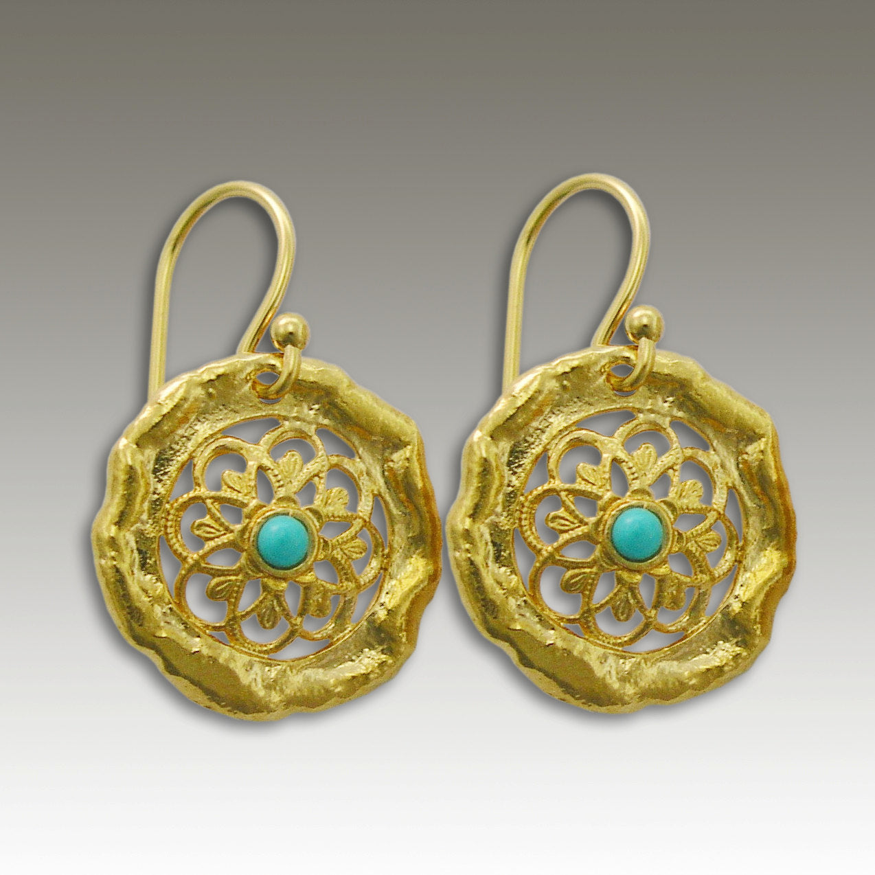 Solid yellow Gold Earrings, turquoise earrings, gemstone earrings, round earrings, floral earrings, wedding earrings - Golden Sun EG2161B