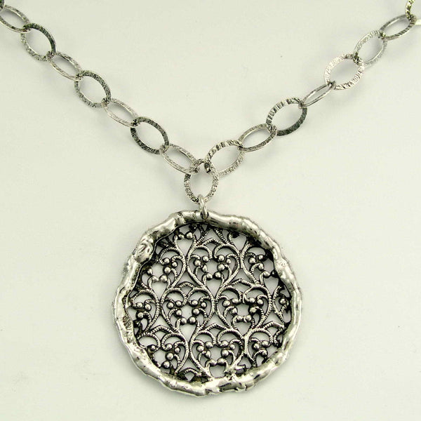 Lace necklace, Sterling silver pendant, round large pendant, casual necklace, statement necklace, simple necklace - Silver Lace N4687