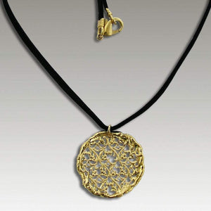 14k yellow gold round lace necklace on black suede string
