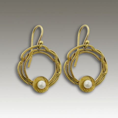 Yellow gold earrings, 14k gold Earrings,  round gold earrings, fresh water pearl earrings. organic gold earrings - Spring Blossom EG2162A