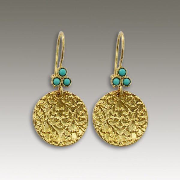 Solid gold earrings, Turquoise earrings, Disc earrings, filigree earrings, bridal earrings, 14k gold earrings - Merchant Of Venice EG2096
