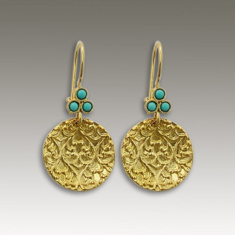 Solid gold earrings, Turquoise earrings, Disc earrings, filigree earrings, bridal earrings, 14k gold earrings - Merchant Of Venice EG2096