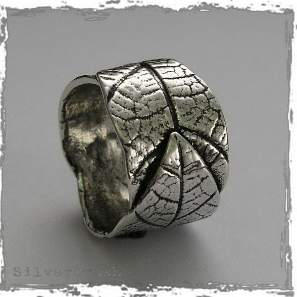 Silver ring, pearls ring, nature band, leaves ring, vine ring, wide silver band, twig ring, oxidised silver ring, leaf - Wild leaves R1639