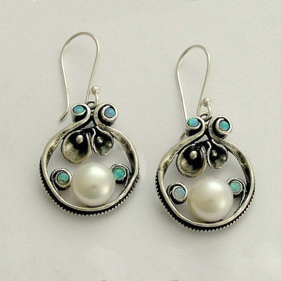 Blue opal earrings, bridal earrings, Dangle earrings, Sterling silver pearl earrings, floral earrings, Long dangle earrings - Suddenly E2151