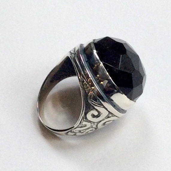 Onyx ring, Statement ring, Round silver Ring, sterling silver ring, large black gemstone ring, oxidized ring - A dream on our way  R2197-1