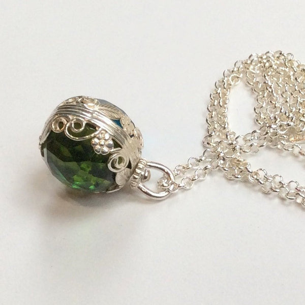Sterling silver necklace, two sides pendant, floral energy ball 