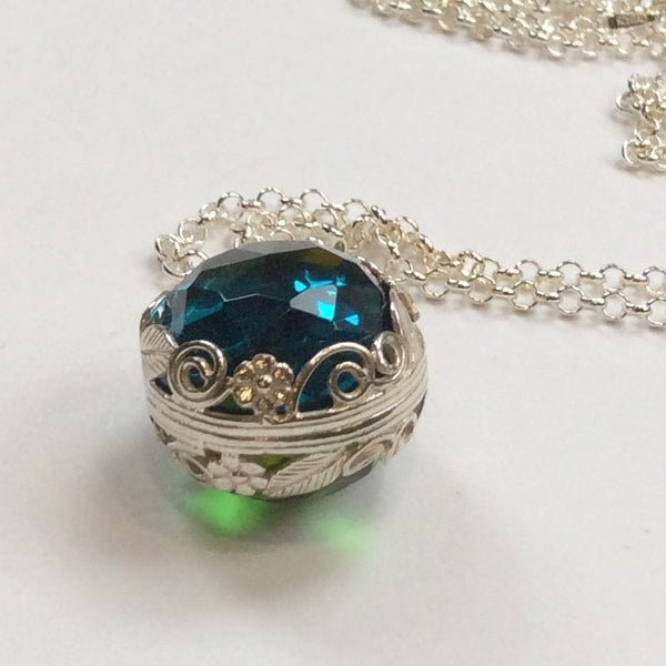 London topaz peridot pendant, Sterling silver necklace, birthstones pendant, two sides pendant, floral energy ball - Neverland N2000-2