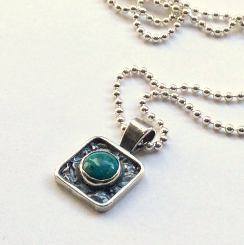 Square pendant, turquoise necklace, gypsy pendant, hippie necklace, minimalist silver boho necklace, turquoise necklace - Impression N2001-1