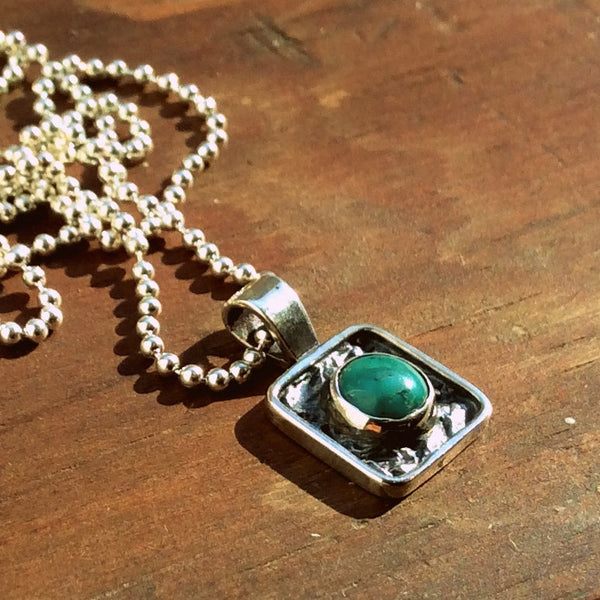 Square pendant, turquoise necklace, gypsy pendant, hippie necklace, minimalist silver boho necklace, turquoise necklace - Impression N2001-1