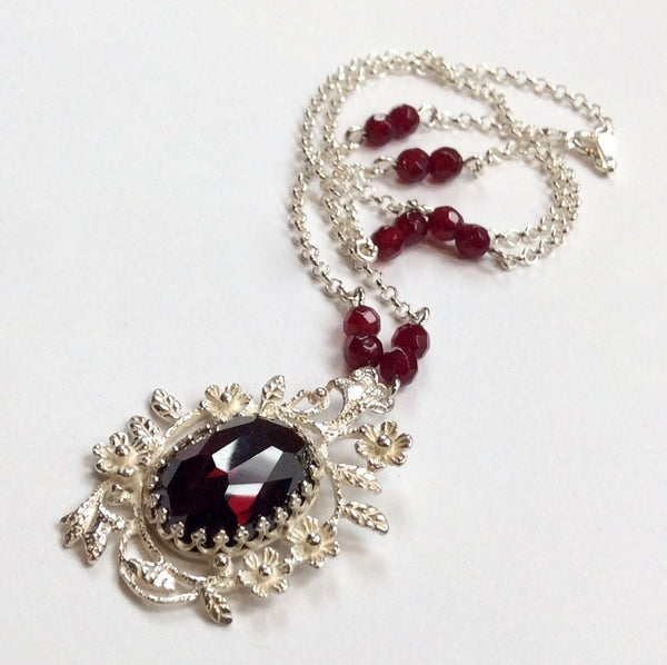 Garnet pendant, Floral necklace, silver necklace, gemstones necklace, beads necklace, botanical, red stone pendant - Spring Flowers  N2009-1