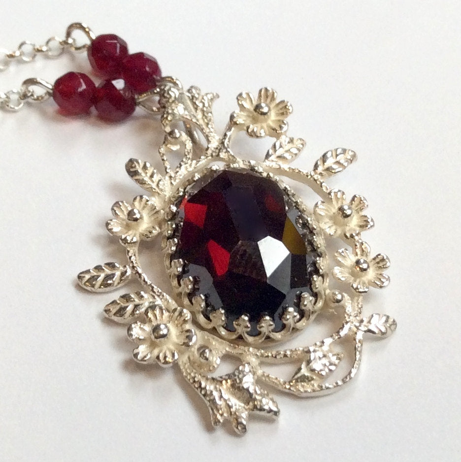 Garnet pendant, Floral necklace, silver necklace, gemstones necklace, beads necklace, botanical, red stone pendant - Spring Flowers  N2009-1