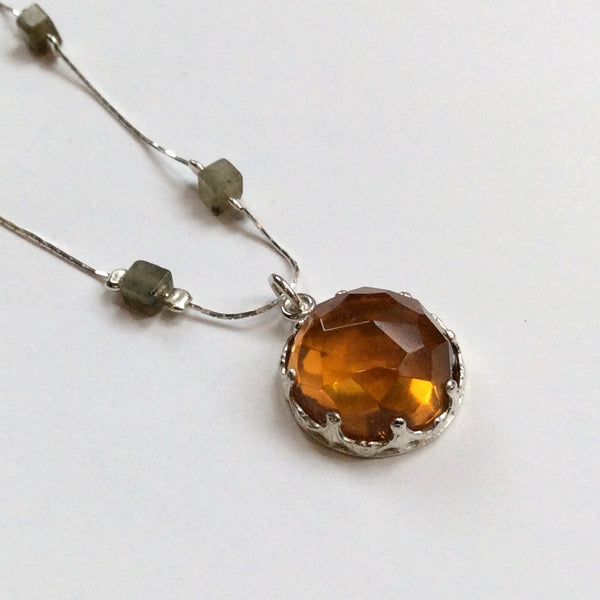 Bohemian silver necklace, yellow gemstone necklace, Citrine labradorite pendant, dainty pendant, crown necklace - Here Comes The Sun N8996