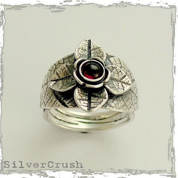 Garnet ring, gemstone ring, cocktail ring, statement ring, Sterling silver ring, gemstone ring, botanical ring, leaf ring - The dream R1695A