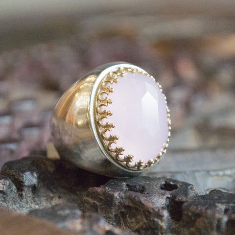 Rose quartz ring, Gemstone Ring, silver ring, gold ring, twotones ring, statement ring, cocktail ring , Pink ring - Too much in love R1113XH