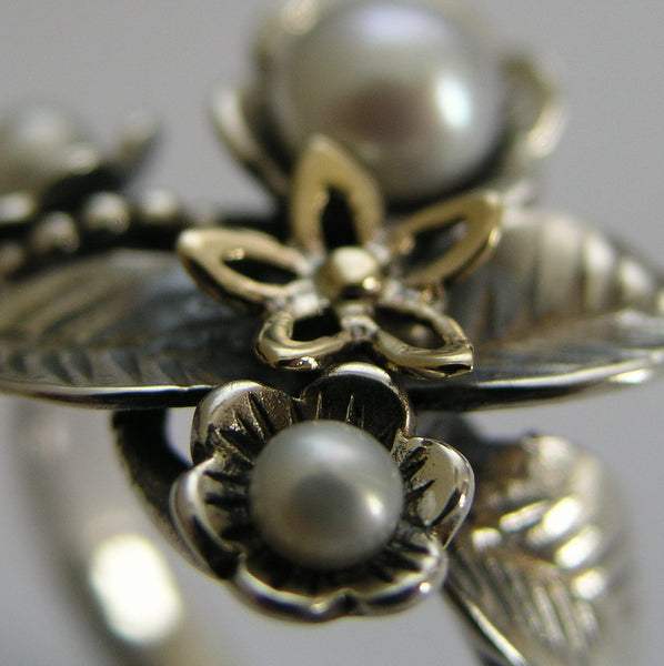 Pearl ring, two-tones ring, Engagement Ring, Sterling silver gold ring, floral ring, botanical ring, woodland ring - Just flowers. R1696A