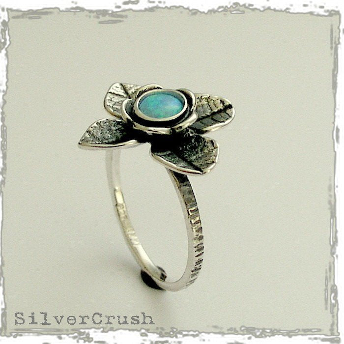 Blue opal ring, Sterling silver Ring, gemstone ring, botanical ring, leaf ring, woodland ring, silver leaves ring- Treasure hunt R1692A