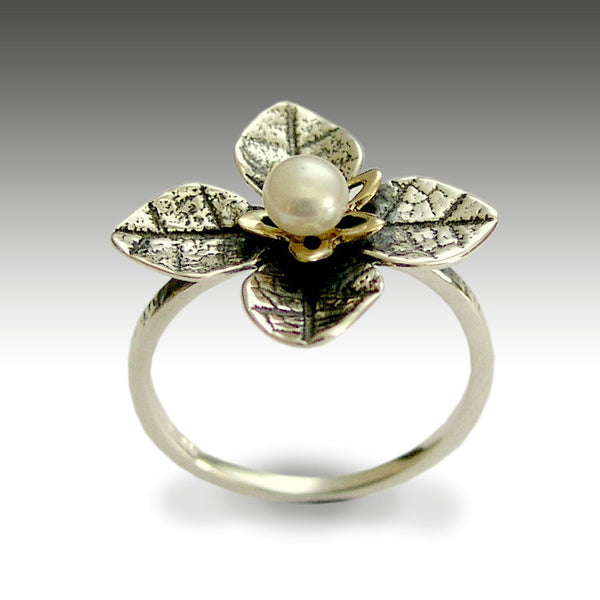 Sterling Silver Leaves Ring, yellow gold silver ring, two-tone ring, pearl ring, floral ring, engagement ring - Tip of the iceberg R1692G
