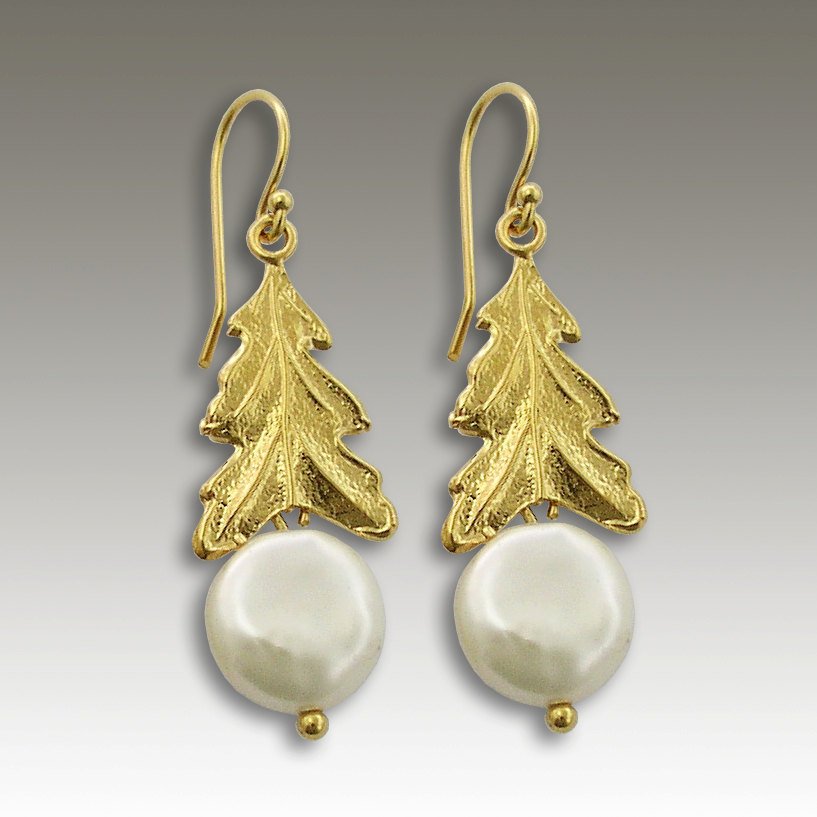 Solid Gold Earrings, Yellow gold leaf earrings, botanical earrings, chandelier earrings fresh water pearl earrings - Gentle Tide. EG2145A