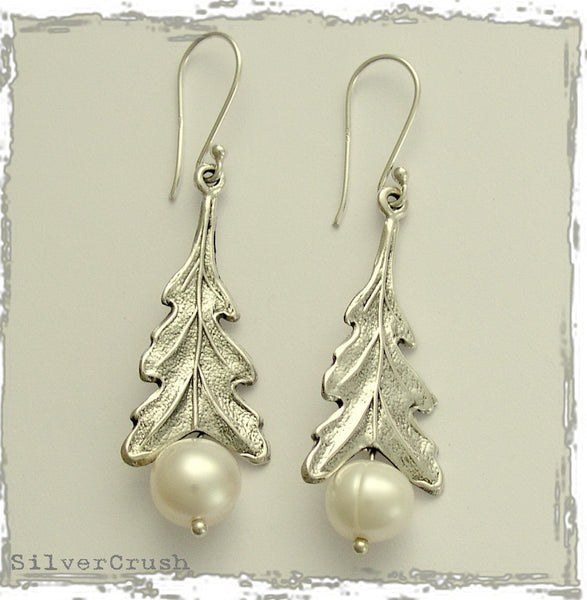 Solid Gold Earrings, Yellow gold leaf earrings, botanical earrings, chandelier earrings fresh water pearl earrings - Gentle Tide. EG2145A