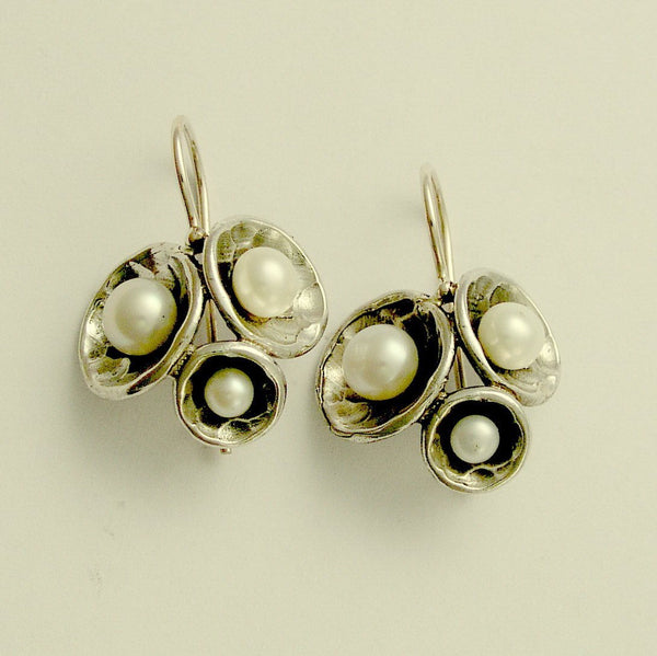 Simple silver Earrings, dome cluster earrings, pearl earrings, June birthstone earrings, boho earrings, bohemian - Pearl Clusters E2046