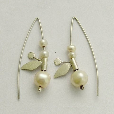 Pearl earrings, Silver leaf earrings, sterling silver earrings, hook earrings, casual earrings, leaf earrings, botanical - Cherry Buds E2108