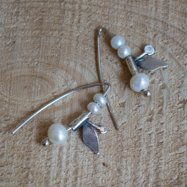 Pearl earrings, Silver leaf earrings, sterling silver earrings, hook earrings, casual earrings, leaf earrings, botanical - Cherry Buds E2108