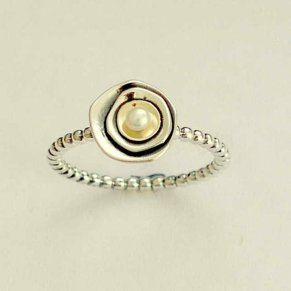 Silver Skinny ring, little pearl ring, gold bowl ring, two tone thin ring, delicate band. engagement ring, little ring - White night R1683