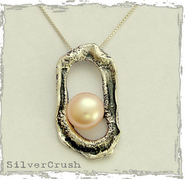 Sterling silver chain, oxidized organic pendant, simple silver pendant, peach pearl pendant, peach pearl necklace - Pearl in the rough N4498