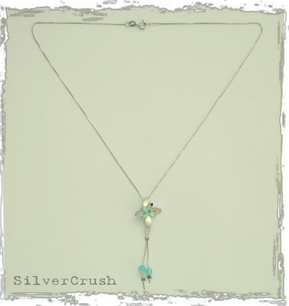 Blue quartz necklace, silver chain, long silver pendant, flower pendant, floral necklace, flower necklace, blue quartz - Hanging vine N8981