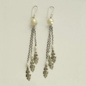 Sterling silver earrings, leaf earrings, chain earrings, pearl earrings, long earrings,  dangle earrings, Silver leaf - Free falling E2146B