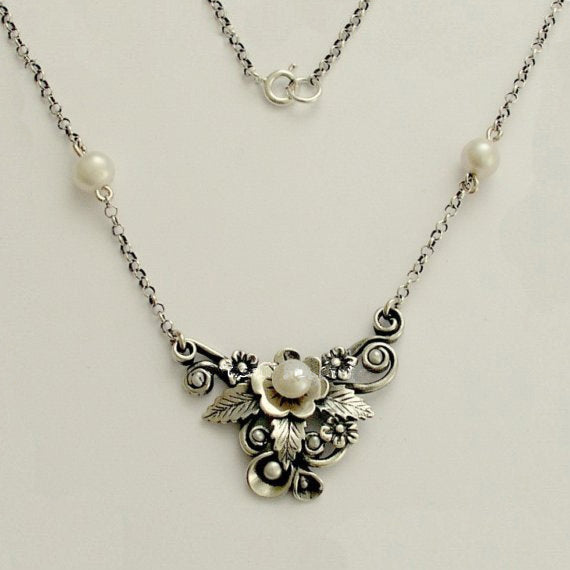 Gold and pearls necklace, silver gold necklace, sterling silver necklace, leaves necklace, floral necklace, pearls - Be there again N4633C