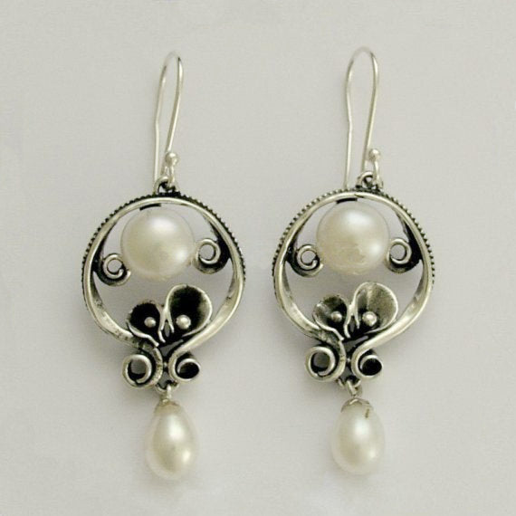 Sterling silver earrings, fresh water pearl earrings, silver gold earrings, oxidized earrings, chandelier earrings - Make a wish E2151G