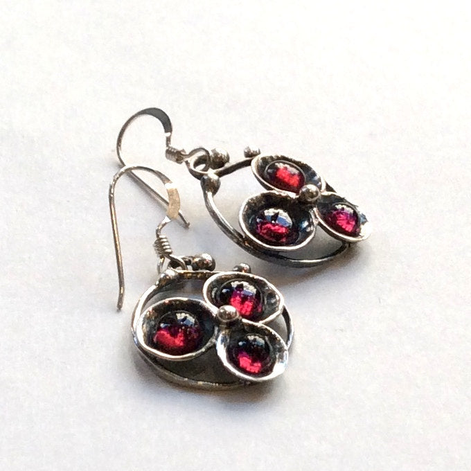 Three red garnet earrings, gemstone earrings, simple earrings, Sterling silver Earrings, oxidized earrings, casual - Into the Night E2051