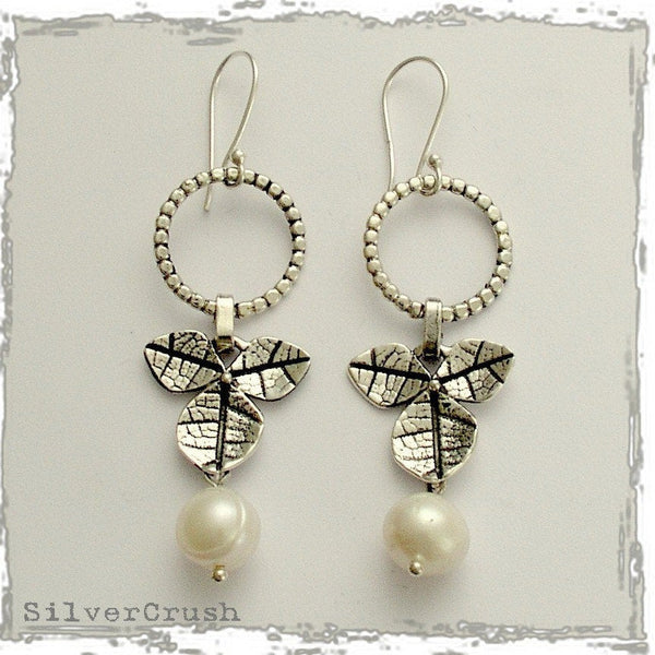 Pearl earrings, Sterling silver earrings, leaf earrings, dangle long earrings, drop pearl earrings, chandelier - Winter love E2144B