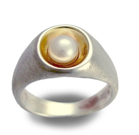 Fresh water pearl ring, Sterling silver ring, silver gold ring, mixed metals ring, engagement ring, yellow gold ring - True love R1499G
