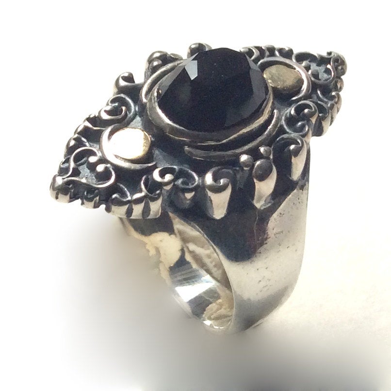 Onyx ring, boho chic jewelry, bohemian jewelry, Tibetan jewelry, unique ring for her, stone ring, Gypsy Ring, twotone ring - Black sky R2245