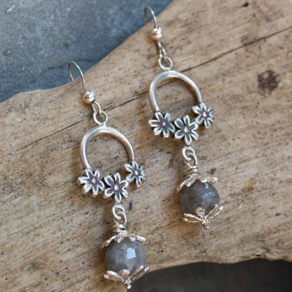 Labradorite dangle earrings, Botanical Earrings, long earrings, silver earrings, flower earrings, botanical earrings - Fairy garden E8011