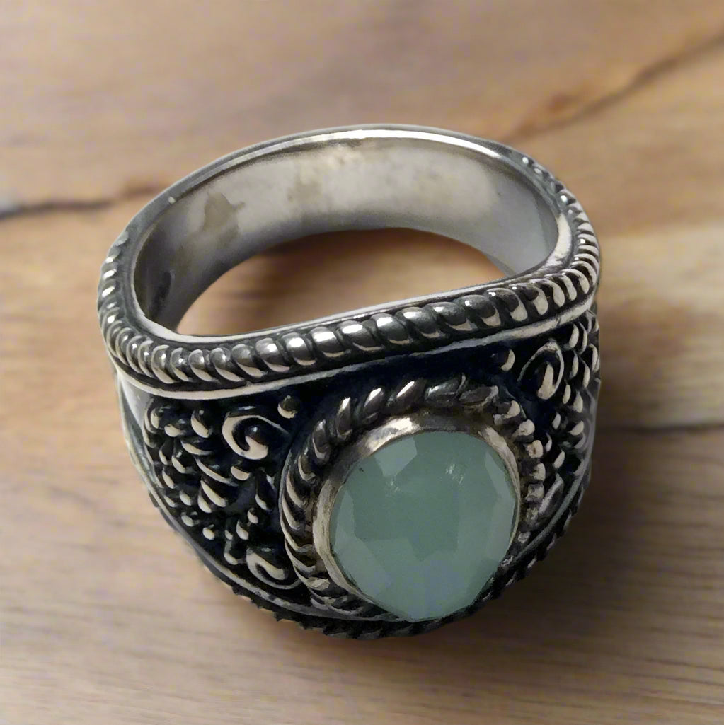 Green jade Ring, silver ring, gemstone ring, bohemian ring, Tibetan ring, gypsy ring, ornate ring, wide band, boho - 2024 The Real Thing R2243XX