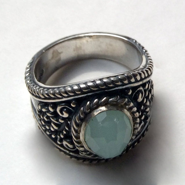 Green jade Ring, silver ring, gemstone ring, bohemian ring, Tibetan ring, gypsy ring, ornate ring, wide band, boho - The Real Thing R2243XX