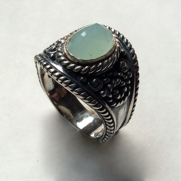Green jade Ring, silver ring, gemstone ring, bohemian ring, Tibetan ring, gypsy ring, ornate ring, wide band, boho - The Real Thing R2243XX