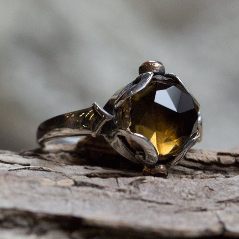 Smoky quartz Ring, Sterling silver ring, silver yellow gold ring, multi stones ring, carnelian ring, high silver ring - Hold my hand - R2162