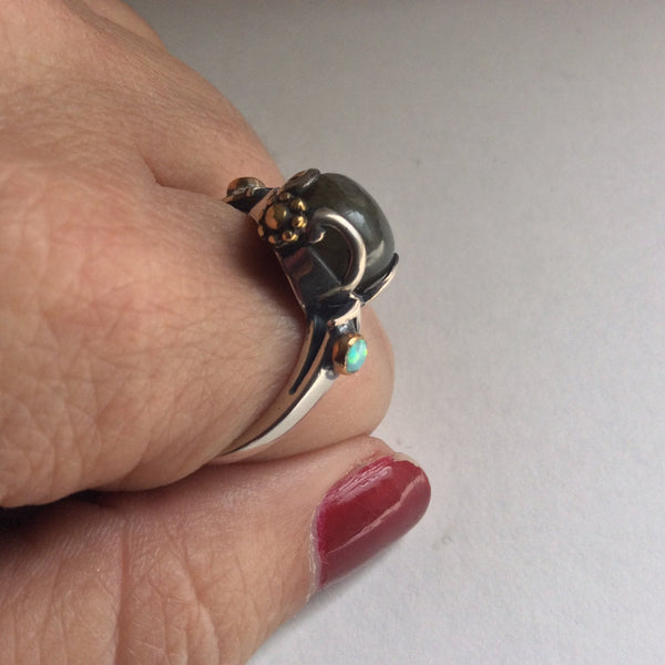 Silver gold Labradorite Ring, bohemian gypsy ring - Peace On Earth - R2216