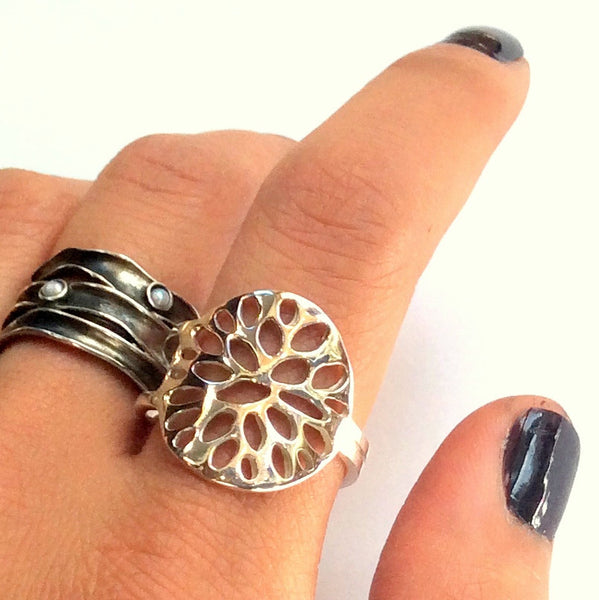 Sterling silver ring, unique ring, shiny silver ring, statement ring, silver band, casual ring, holes ring, thin band - Black holes R2350