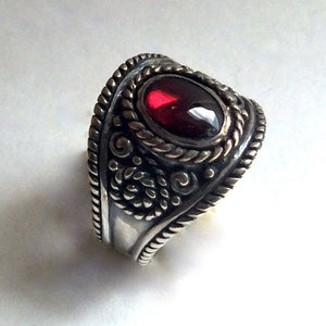Red Garnet Ring, silver ring, gemstone ring, bohemian ring, Tibetan ring, gypsy ring, ornate ring, wide band, boho - The Real Thing R2220