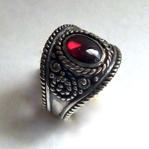 Red Garnet Ring, silver ring, gemstone ring, bohemian ring, Tibetan ring, gypsy ring, ornate ring, wide band, boho - The Real Thing R2220