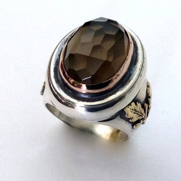 Smoky quartz gold silver statement ring - Basic instinct R2179