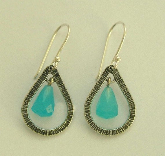 Blue quartz dangle drop sterling silver earrings