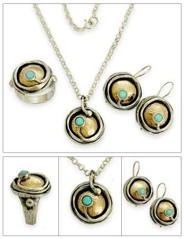 Blue opal two tones ring necklace earrings